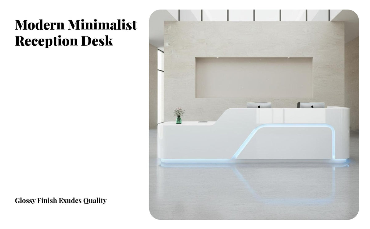 Curved Reception Desk High-Gloss Finish Modern Front Desk Unique Shape Glossy Front Counter Transaction Shelf for Salon Owners, Showroom, Salons, Spas