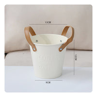 Metal Flower Planter Leather-Style Handles Distressed Metal Planter Small Round Planter Embossed Floral Lettering