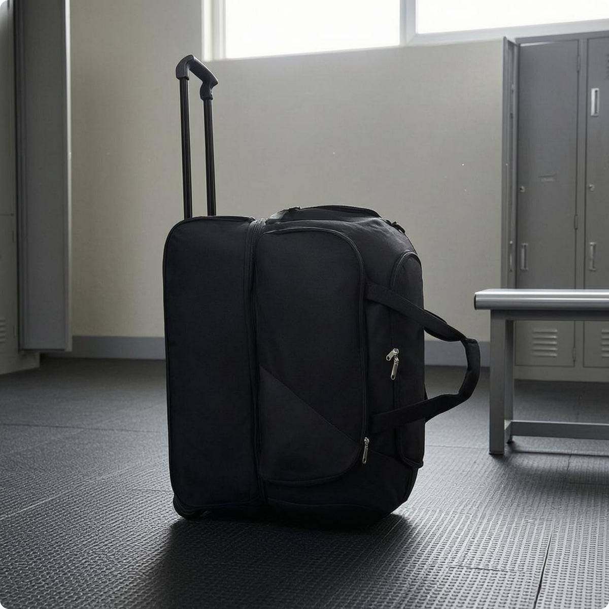 Wheeled Athletic Duffel Zippered Compartments Rolling Duffel Bag Soft Textile