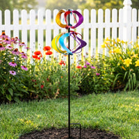 Black Support Pole Rainbow Wind Spinner Stake Ground-Mounted Garden Wind Spinner Stake Colorful Revolving Stake Assembled for Lawn, Patio