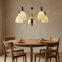 Gold-Toned Chandelier with Petal Shades Pleated Flower Chandelier Wood-Accented Fixture Sculptural for Bedroom