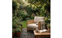 Natural Wood-Toned Wooden Armchair with Rattan Sides Woven Outdoor Sofa Chair Thick Lounge Sofa with Cushions Comfortable for Courtyard