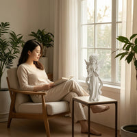 Angel Figurine with Flower Crown Tabletop Standing Angel Statue Figurine with Wings Desktop Sculpture White for Desk, Shelf