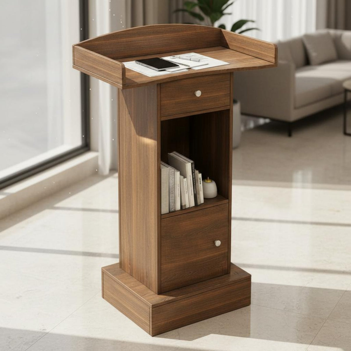 Modern Design Floor Standing Podium Stable Base Floor Lectern with Storage Shelves Spacious Top Reception Desk Lectern Sturdy Construction for Presenters, Restaurant Hosts, Conference Rooms, Lecture Halls, Auditoriums, Classrooms