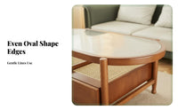 two-level Oval Glass and Rattan Stand Nordic Design Coffee Table Space-Saving Rounded Edges for Living Room, Lounge Area, Office