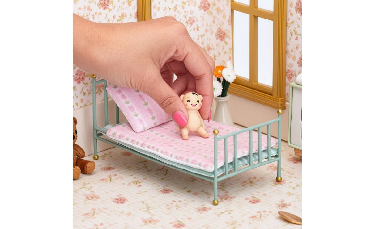 Metal Dollhouse Bed with Mattress Wrought-Iron Style Miniature Metal Bed with Bedding Dollhouse Bedroom Set Classic Realistic