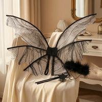 Black Angel Wings Transparent Costume Set with Wand Lightweight Fairy Wings Matching for Adults, Cosplay, Festivals