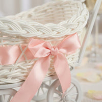Handwoven Trolley Basket Rolling Wheels Woven Basket Pink Satin Bow Decorative Wagon uncoveredTop for Candy Holder, Small Item Storage