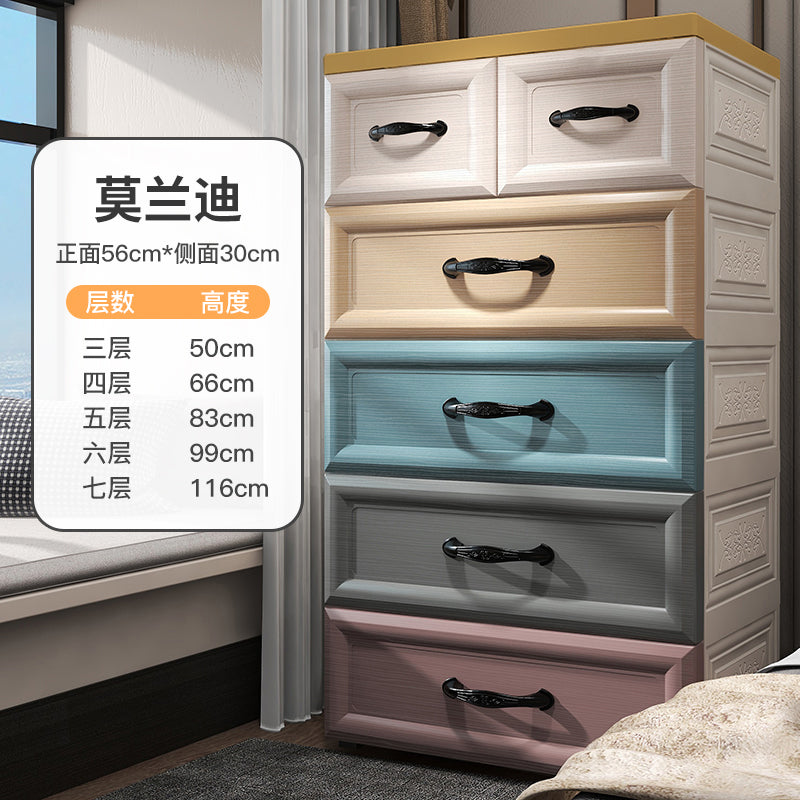 抽屉式收纳柜带轮储物柜整理箱盒56宽塑料玩具多层柜子家用床头柜 5层 加大「56宽」米配蓝-双小抽