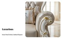 4 Pieces Carved Frame Couch Combination European Style Upholstered Multi-Seater Sofa Genuine Leather Upholstery Lounge Suite for Families, Living Room