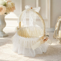 Cream Flower Girl Basket with Ribbon-Wrapped Handle Lightweight Satin Flower Basket with Tulle Skirt Romantic Pre-Decorated for Brides