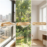 Cat Hammock Window Cat Perch with Oak Wood Composite Frame, Square Hanging Cat Bed for Sunbathing, Multi-Scene General Use Balcony Cat Bed