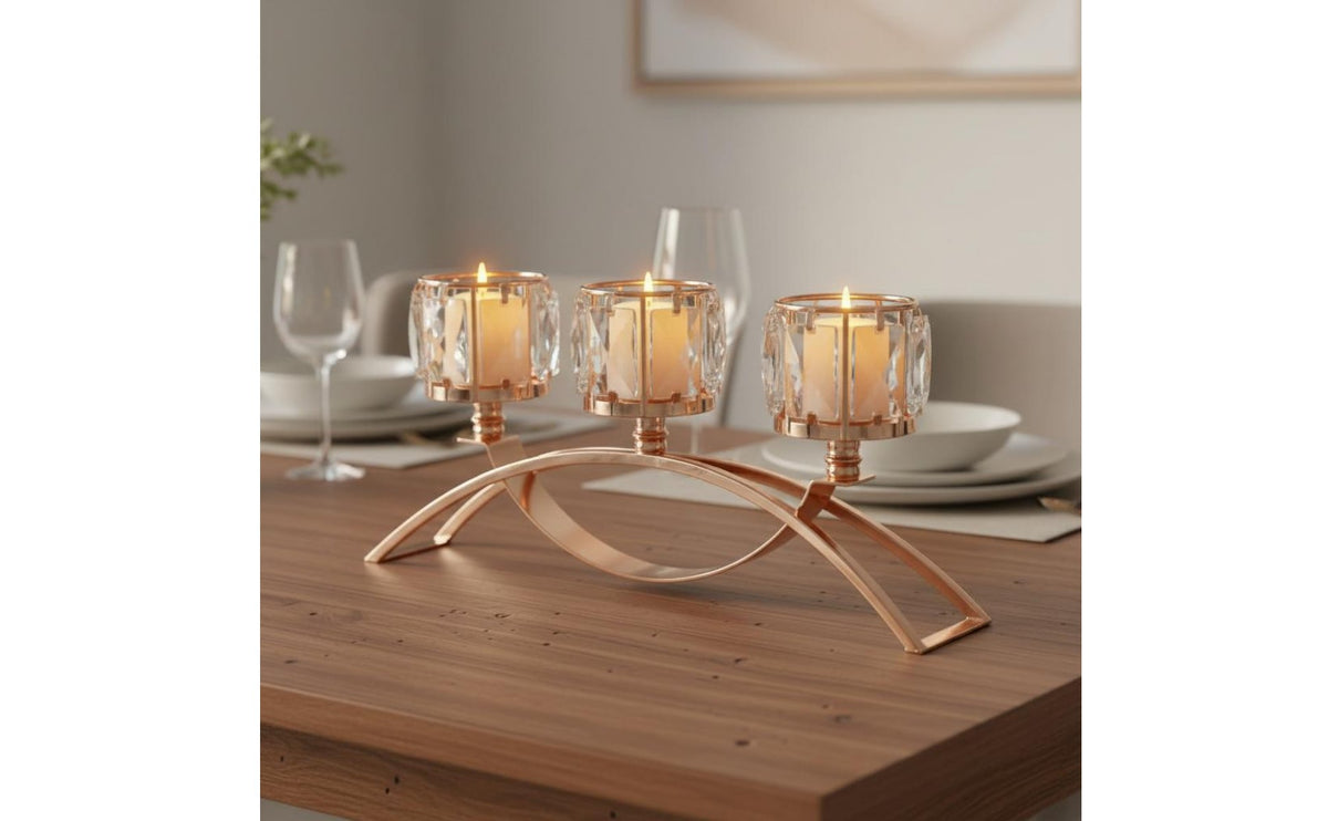 Modern Nordic Design 3-Arm Crystal Candelabra Romantic Atmosphere Metal Crystal Candle Stand Elegant Design Three-Cup Votive Holder Multi-Functional for Wedding, Living Room, Party
