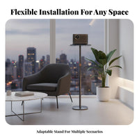 Universal Compatibility Display Device Floor Stand Stable Weighted Base Display Device Floor Stand with Tray Sturdy Construction Height Adjustable Device Shelf Space-Saving Design for Bedroom, Living Room, Office