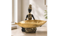 Figurine with Tray Black and Gold Catchall Tray Statue Resin Sculpture Unique for Entryway, Console Table