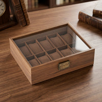 Walnut Watch Box with Glass Lid 10-Slot Watch Display Box Clear Storage Holder Sturdy for Dresser