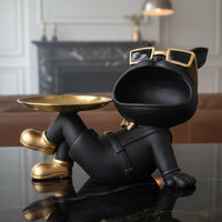 French Dog Storage Statue Creative Design French Dog Statue Tray Handmade Resin Butler Dog Figurine for Living Room, Office Desk, Bookshelf