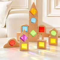 Wooden Building Toy with Acrylic Inserts Stackable Sensory Blocks with Colored Openings Burr Geometric Blocks for Kids, Playroom