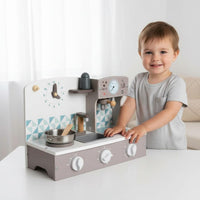 Realistic Details Toy Coffee Brewer Kitchen Multi-Function Wooden Play Cooktop Clicking Knobs Pretend Kitchen Appliance Set Educational for Children, Boys and Girls