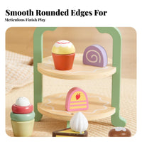 7 Pieces Ideal Gift Afternoon Tea Toy Set Encourages Creativity Pretend Play Cake Set Educational Wooden Dessert Stand Playset Develops Fine Movement Skills for Girls, Preschoolers, Toddlers