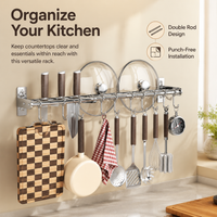 Kitchen Wall Rack, Silver Alloy Double Rod Utensil Rail with Movable Hooks, Wall Mounted Utensil Holder for Pots & Lids