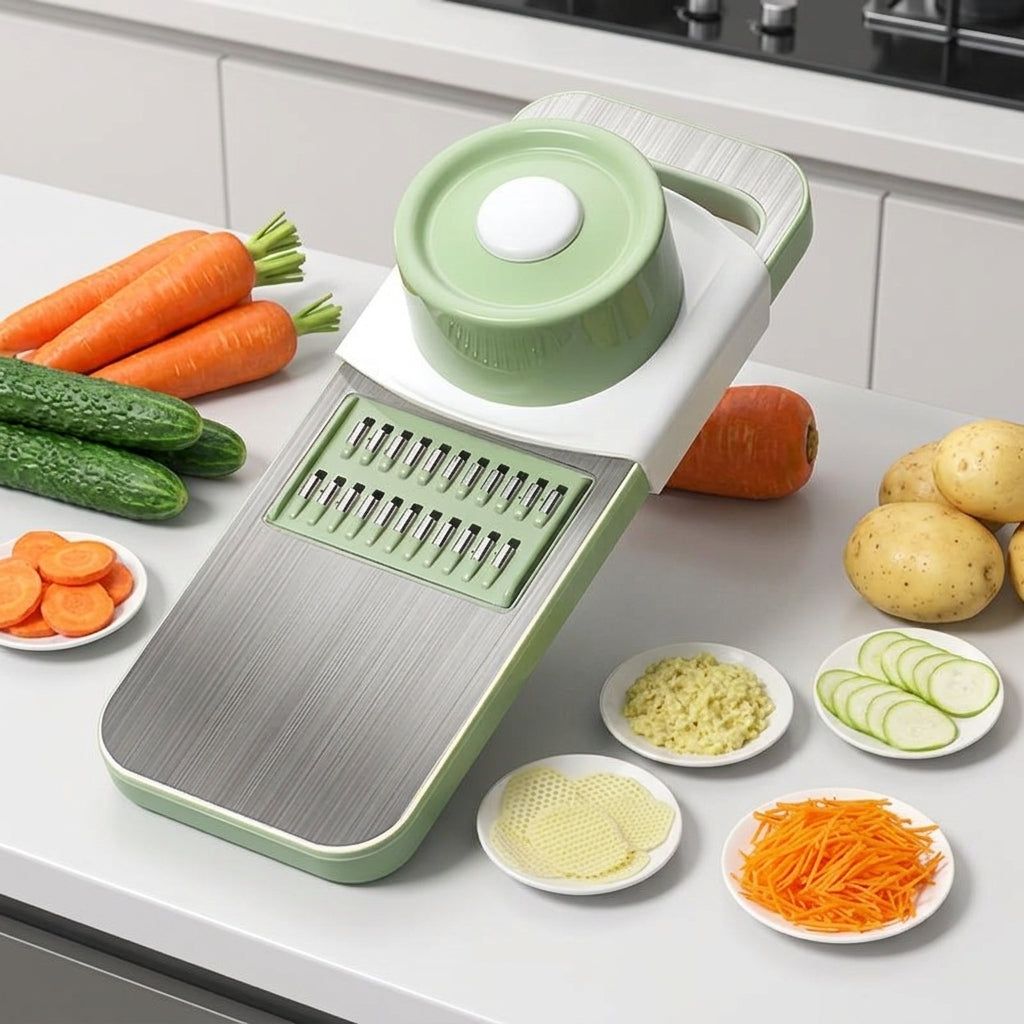 Mandoline Vegetable Slicer, 5-in-1 Vegetable Cutter with Stainless Steel Blades, Precision Grater for Salads & Raw Food Platters, White/Silver