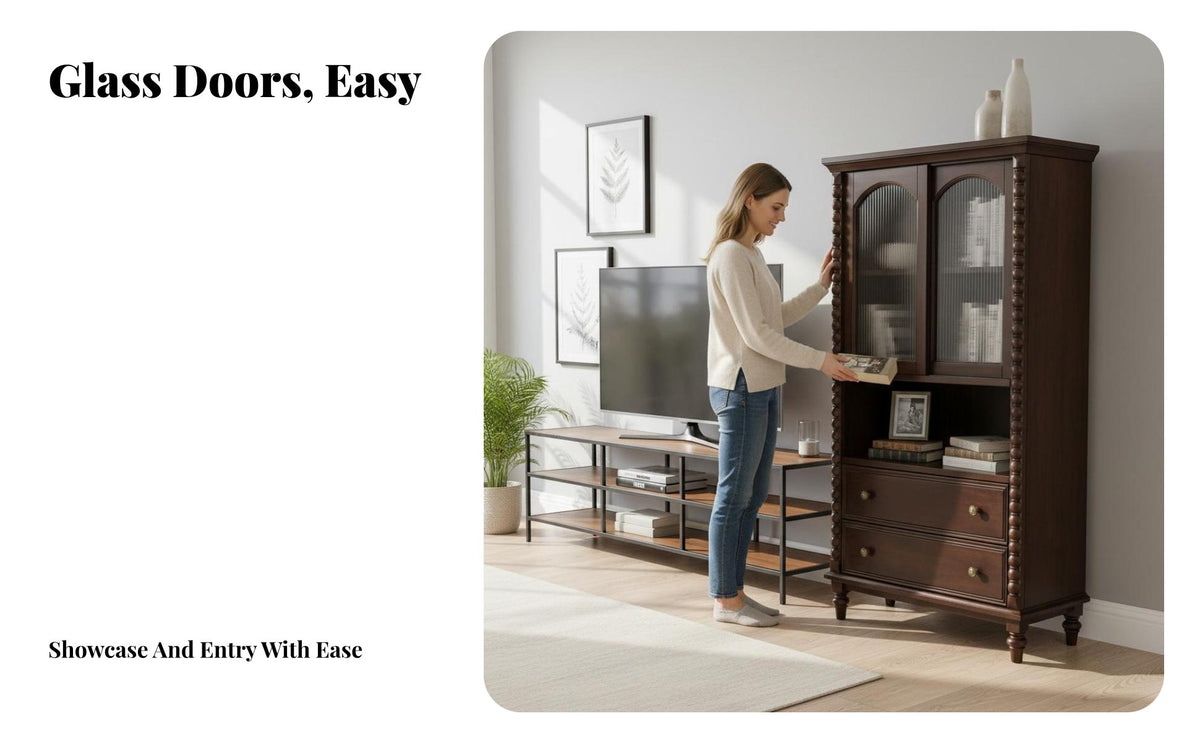 Vintage aesthetic Tall Glass-Door Cabinet Elegant Design Glass Door Curio Adjustable Shelves bookshelf for Book Lovers, Interior Decorators, Office Workers, Living Room, Hallway, Bedroom