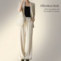 Women Trouser Suit Two Piece Set with Wide Leg Trousers for Office Wear, Long Sleeve Polyester Business Casual Outfit, Plus Size Available