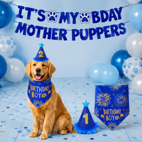 Dog Birthday Costume Banner, Cone Hat, Triangle Bandana Set, Pet's Special Day Celebration