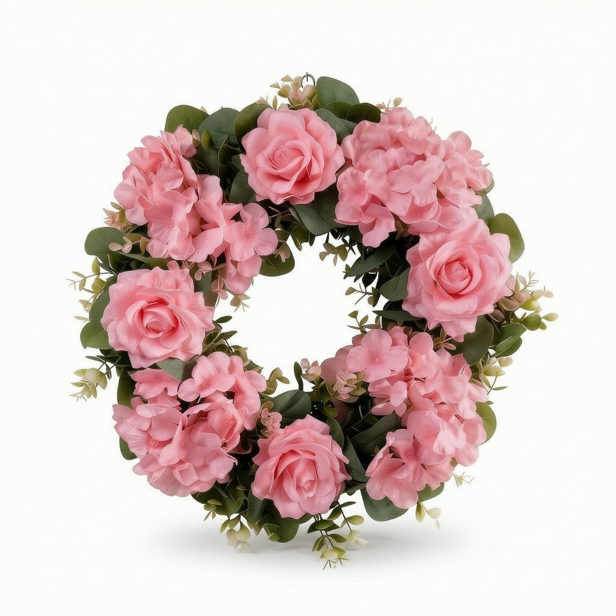 Rose Wreath with Hydrangeas Indoor Flower Wreath with Hanging Loop Faux Fake for Homeowners, Entrance Door, Entryway