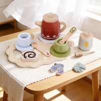 Burr-Splinter-Free Afternoon Tea Playset Water-Based Paint Wooden Tea Set Children's Toy for Preschoolers, Toddlers, Playroom, Home
