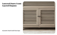 Distressed Finish Louvered Door Console French Country Design Storage Cabinet Retro aesthetic Home Furnishing sturdy Construction for Interior Decorators, Homeowners, Adults, Bedroom, Living Room, Entryway, Kitchen
