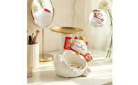 Double-Layer Storage Ornament Waving Cat Figurine Storage Tray Multifunctional Auspicious Cat Statue with Tray for Entryway Table, Vanity