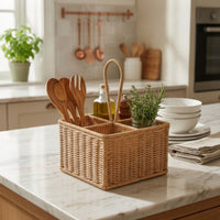Wicker Cutlery Basket Countertop Wicker Basket with Handle Rustic Silverware Organizer for Kitchen, Washroom, Office