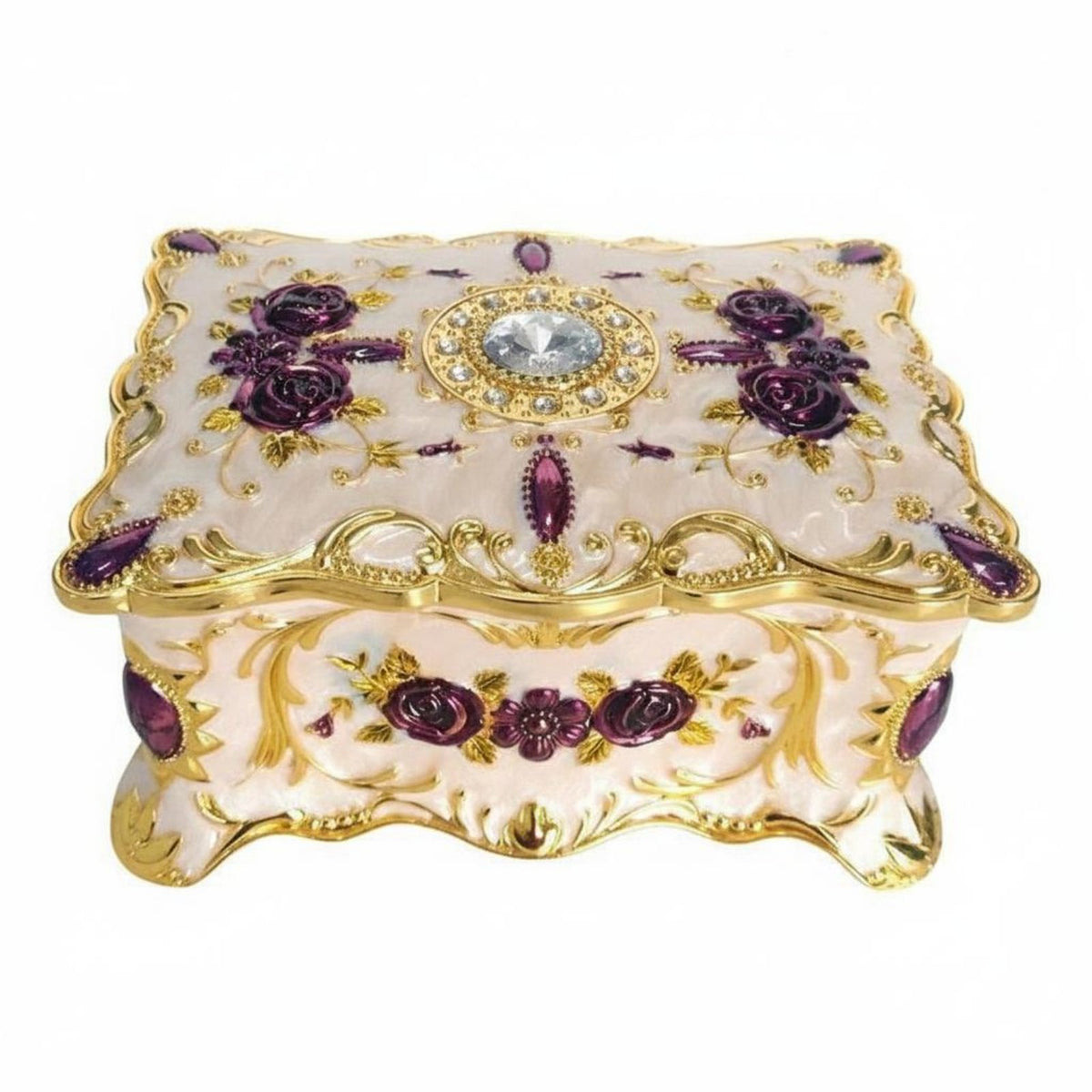 Enamel Finish Vintage Metal Jewelry Box Exquisite Handcraft European Design Jewelry Case Jeweled Accent for Women, Dressing Table, Vanity