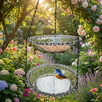 Hanging Feeding Station with Double Layer Feeding Trays, Garden Decor for Small Birds, Outdoor Hanging Chain Design