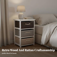 Narrow Bedside Storage Cabinet with Woven Baskets Solid Wood Frame Drawer Space Saving Nightstand for Bedroom, Living Room, Hallway