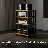 Movable with Casters Audio Equipment Rack Enhanced Sound Stability Rolling Amplifier Cabinet Heavy Duty Steel Frame Multi-Tier Audio Equipment Shelf High Load Capacity for Audiophiles, Home Theater Enthusiasts, Studio, Living Room