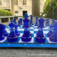 Blue and White Checkered Chess Board 24cm with Pieces