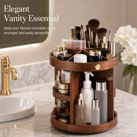 Walnut Makeup Storage, 2-Layer Rotating Perfume Stand, Dark Brown Bathroom Organiser for Vanity Table, Cosmetic Organizer with Compartments