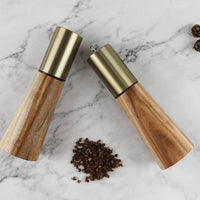 Ergonomic Shape Wooden Sodium Chloride and Pepper Grinder Set Modern Design Acacia Wood Grinder Set for Restaurant