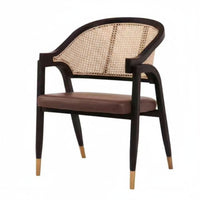 Retro Design Woven Back Armchair Handmade Weaving Cane Back Armchair Upholstered Cushion Dining Seat Breathable Backrest for Interior Designers, Homeowners, Business Owners, Restaurant, Living Room, Kitchen, Bedroom