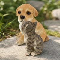 2 Pieces Puppy and Kitten Statue Outdoor Resin Garden Ornament Dog Statue Weatherproof Dog Figurine Hand-Painted for Pet Lovers