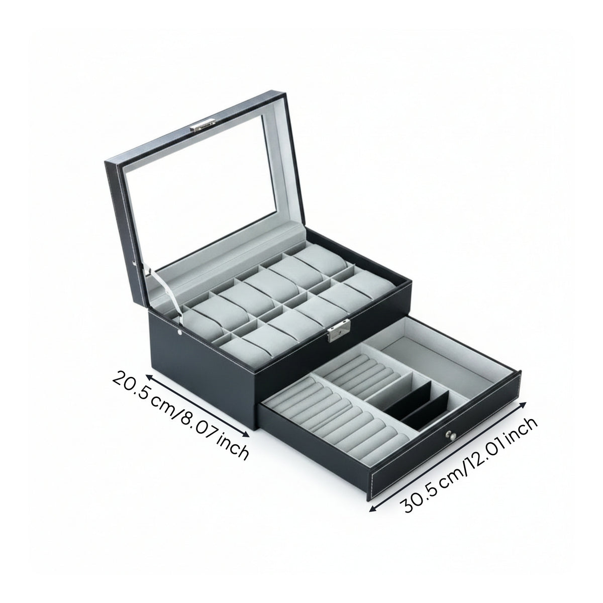 Two-Tier Watch Box with Drawer Compartmented Jewelry Box with Glass Lid Rectangular Watch Display Case with Glass Lid Padded for Dresser, Vanity Table