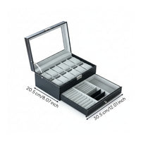 Two-Tier Watch Box with Drawer Compartmented Jewelry Box with Glass Lid Rectangular Watch Display Case with Glass Lid Padded for Dresser, Vanity Table