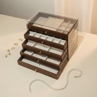 Large Capacity 5-Layer Jewelry Box Walnut Wood Finish Band Necklace Storage Chest Multi-Compartment Wooden Drawer Jewelry Case Dustproof for Women, Closet