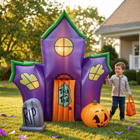 Inflatable Haunted House Easy Set-up Inflatable with Built-in Lights Yard Decoration Outdoor Pre-and for Families, Lawn