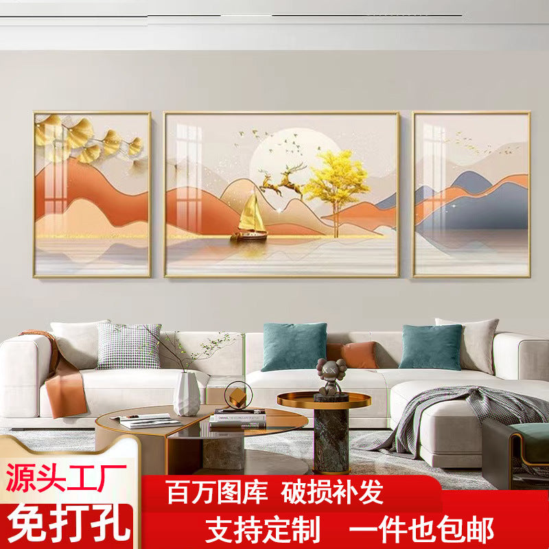 背靠金山三联画客厅装饰画沙发背景画简约挂画现代壁画山水墙画