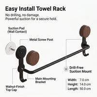 Towel Bar for Washroom and Wet Room with No-Drill Suction Cup Installation, Single Bar Wall Mounted Rack for Bathroom 50cm