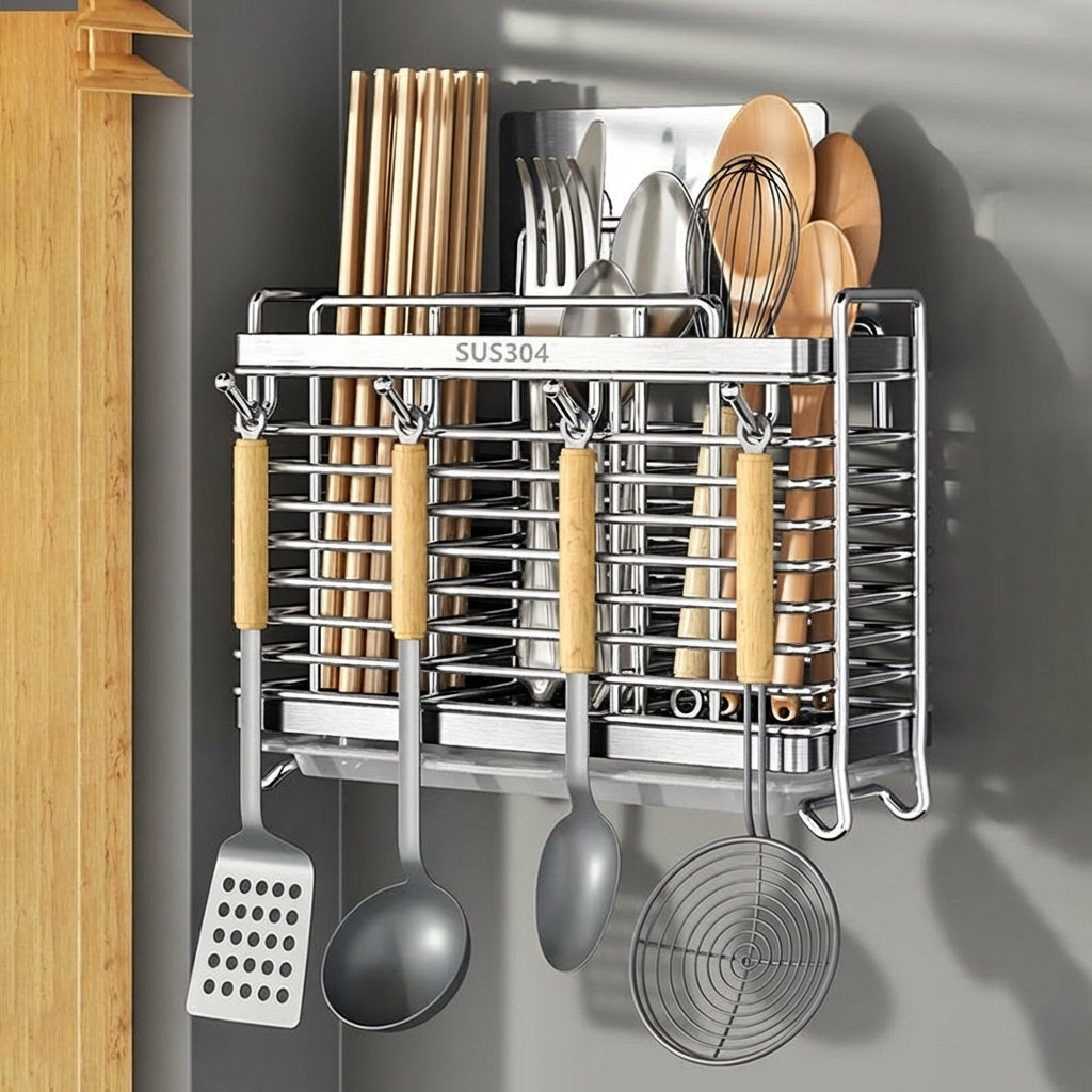 Chopstick Holder and Utensil Holder, 304 Stainless Steel Wall Mounted Organizer with Drainage Holder Tray, Space Saving Modern Kitchen Storage